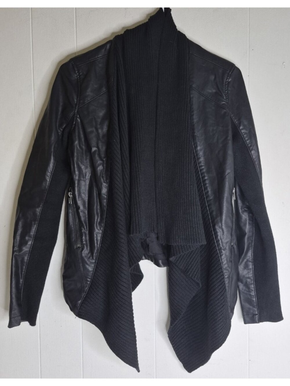 Blank NYC Drape Front Open Waterfall Faux Vegan Leather Knit Moto Jacket Size S